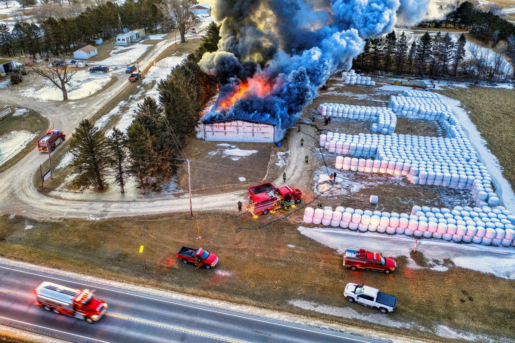 An aerial view of a warehouse fire